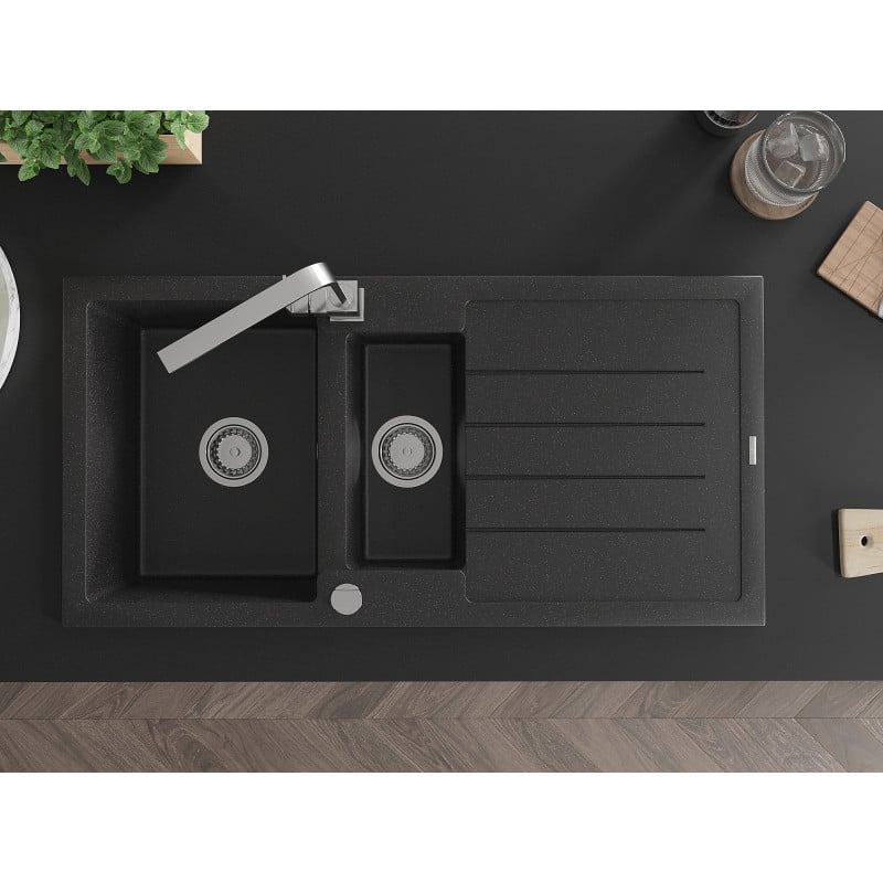 Mexen Andres Granitspüle 1,5-Becken mit Abtropffläche und Küchenarmatur Rita, schwarz/silber Metallic - 6515-73-670300-00
