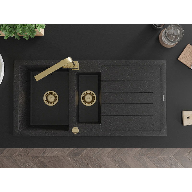 Mexen Andres granite sink 1.5-bowl with drainer and Rita kitchen tap, black/silver metallic - 6515-73-670300-50