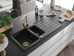 Mexen Andres Granitspüle 1,5-beckig mit Abtropfbereich und Küchenarmatur Rita, schwarz/silber metallic - 6515-73-670300-50