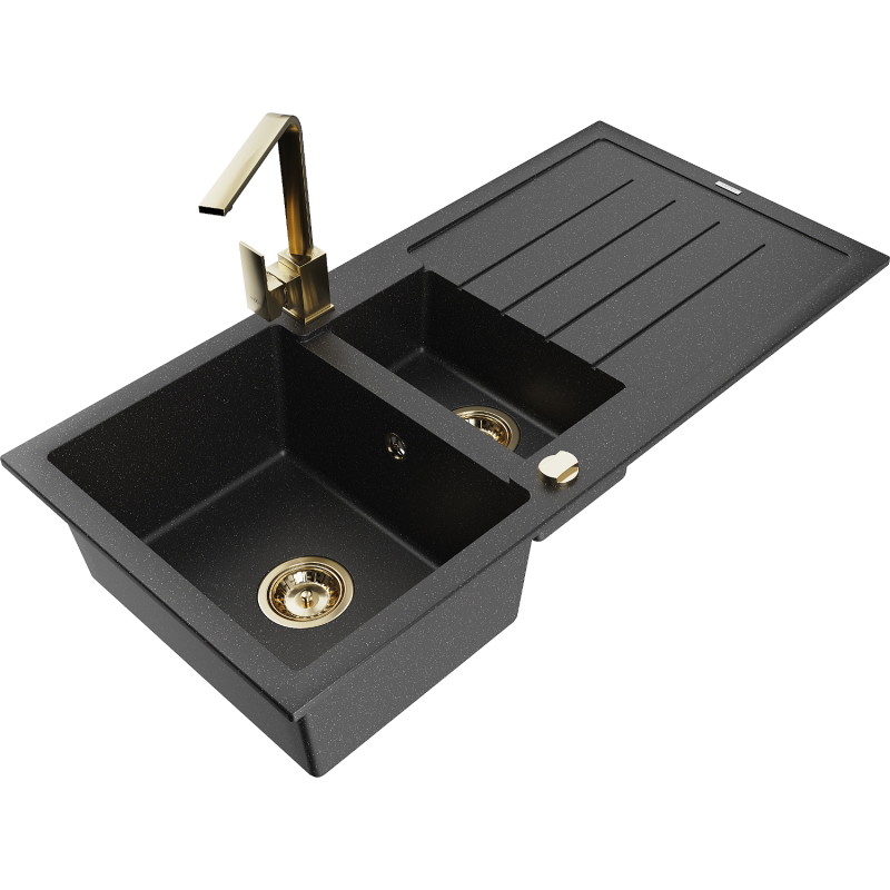 Mexen Andres granieten spoelbak 1,5-komoren met afdruiprek en keukenkraan Rita, zwart/zilver metallic - 6515-73-670300-50