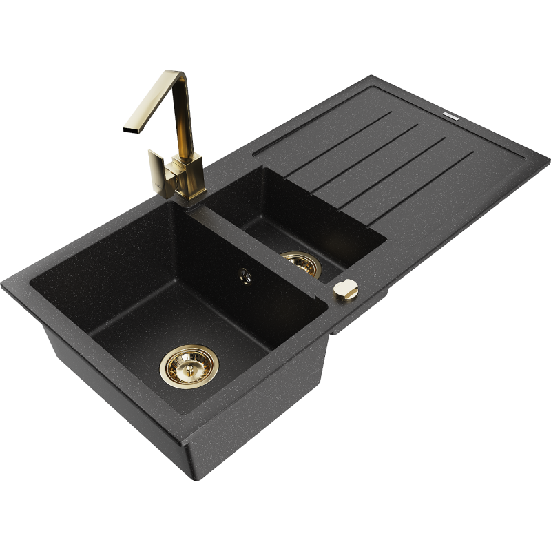Mexen Andres granite sink 1.5-bowl with drainer and Rita kitchen tap, black/silver metallic - 6515-73-670300-50
