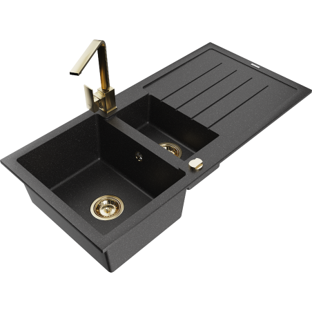 Mexen Andres granite sink 1.5-bowl with drainer and Rita kitchen tap, black/silver metallic - 6515-73-670300-50