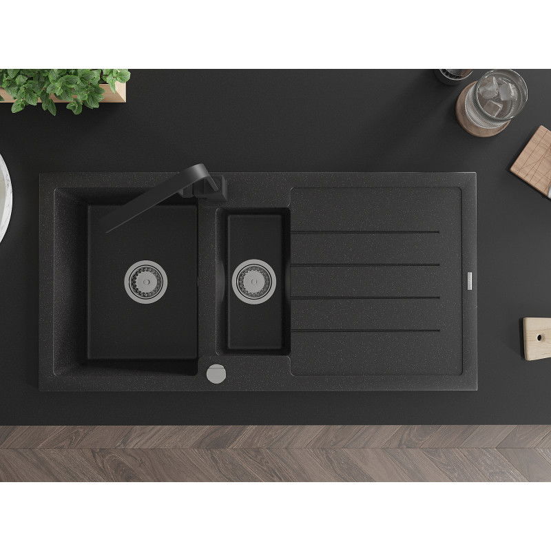 Mexen Andres Granitspüle 1,5-Becken mit Abtropffläche und Küchenarmatur Rita, schwarz/silber metallic - 6515-73-670300-70