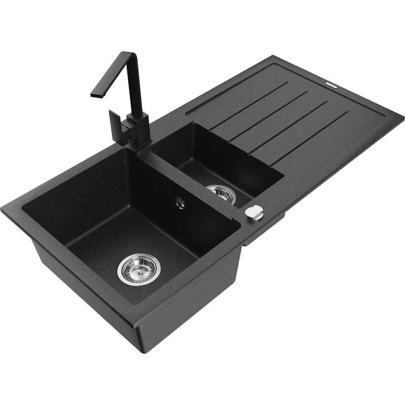 Mexen Andres granite sink 1.5-bowl with drainer and Rita kitchen tap, black/silver metallic - 6515-73-670300-70
