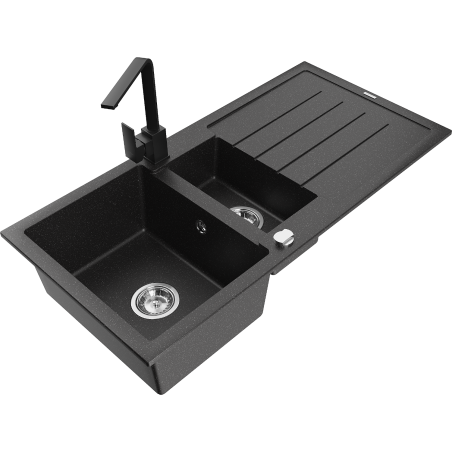 Mexen Andres granite sink 1.5-bowl with drainer and Rita kitchen tap, black/silver metallic - 6515-73-670300-70