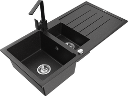 Mexen Andres granite sink 1.5-bowl with drainer and Rita kitchen tap, black/silver metallic - 6515-73-670300-70