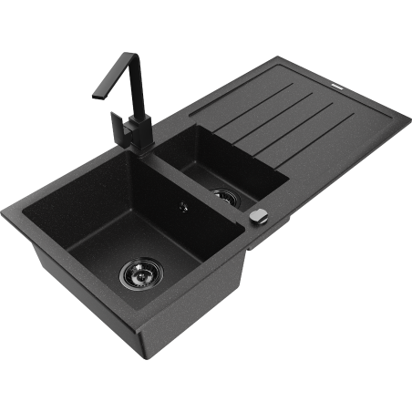 Mexen Andres fregadero de granito 1,5-cubetas con escurridor y grifo de cocina Rita, negro/plateado - 6515-73-670300-70-B