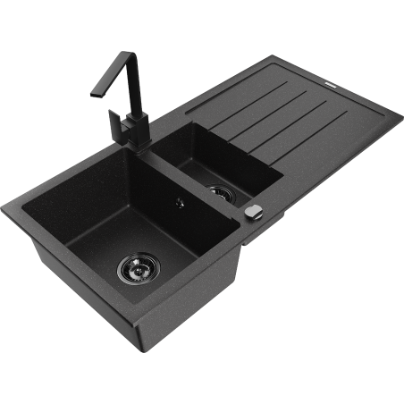 Mexen Andres granite sink 1.5-bowl with drainer and Rita kitchen tap, black/silver - 6515-73-670300-70-B