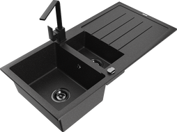 Mexen Andres granite sink 1.5-bowl with drainer and Rita kitchen tap, black/silver - 6515-73-670300-70-B