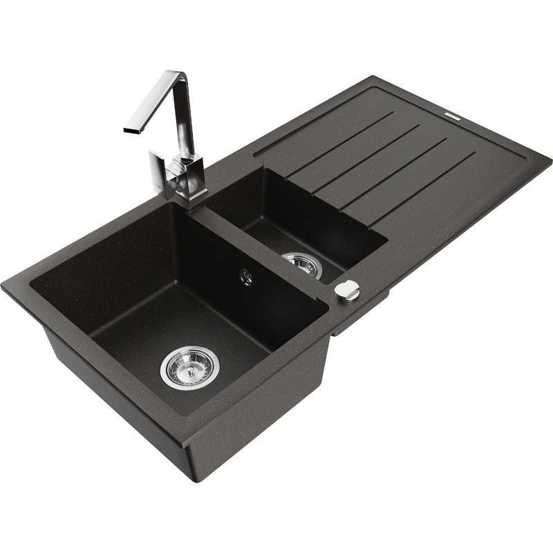 Mexen Andres 1,5-kammionen graniittiallas kuivaustasolla ja Rita-keittiöhanalla, musta/kultametalli - 6515-75-670300-00