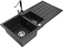 Mexen Andres granite sink 1.5-bowl with drainer and Rita kitchen tap, black/gold metallic- 6515-75-670300-00
