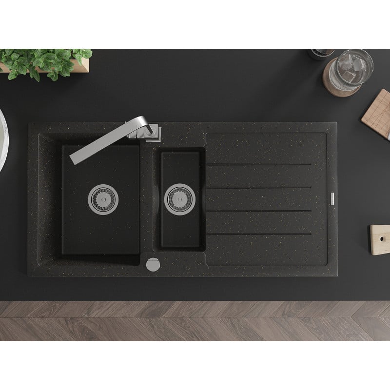 Mexen Andres évier en granit 1,5 bac avec égouttoir et robinet de cuisine Rita, noir/métallisé doré- 6515-75-670300-00