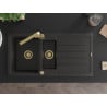 Mexen Andres granite sink 1.5-bowl with drainer and kitchen faucet Rita, black/gold metallic - 6515-75-670300-50