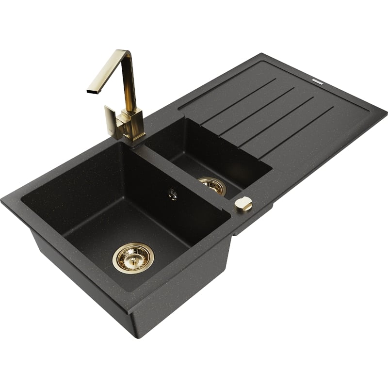 Mexen Andres granite sink 1.5-bowl with drainer and kitchen faucet Rita, black/gold metallic - 6515-75-670300-50