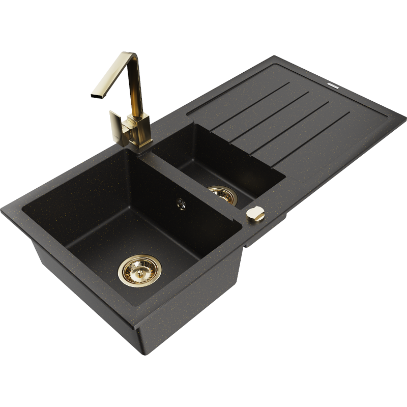 Mexen Andres lavello in granito 1,5 vasche con sgocciolatoio e miscelatore da cucina Rita, nero/metallizzato oro