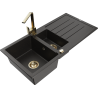 Mexen Andres granite sink 1.5-bowl with drainer and kitchen faucet Rita, black/gold metallic - 6515-75-670300-50