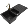 Mexen Andres granieten spoelbak 1,5-komor met afdruiprek en keukenmengkraan Rita, zwart/goud metallic- 6515-75-670300-50-B