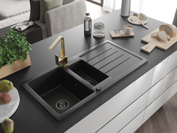 Mexen Andres lavello in granito 1,5 vasca con sgocciolatoio e rubinetto cucina Rita, nero/oro metallizzato - 6515-75-670300-50-B