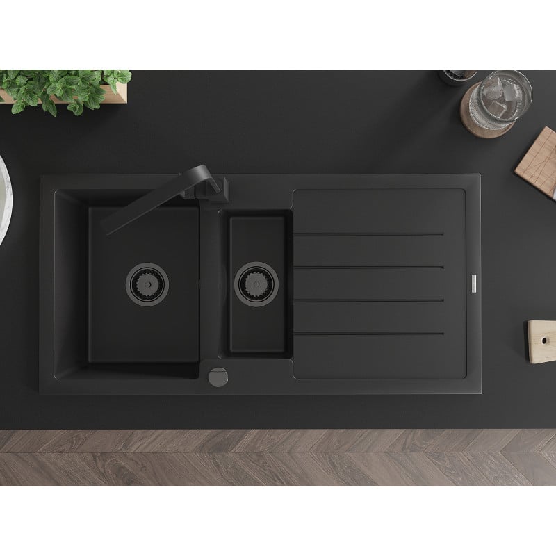 Mexen Andres granieten gootsteen 1,5-baks met afdruiprek en keukenkraan Rita, zwart/goud metallic- 6515-75-670300-70-B