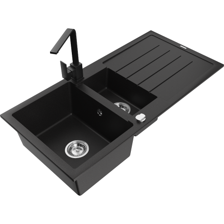 Mexen Andres granite sink 1.5-bowl with drainer and Rita kitchen tap, black/gold metallic- 6515-75-670300-70