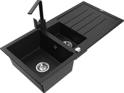Mexen Andres granite sink 1.5-bowl with drainer and Rita kitchen tap, black/gold metallic- 6515-75-670300-70