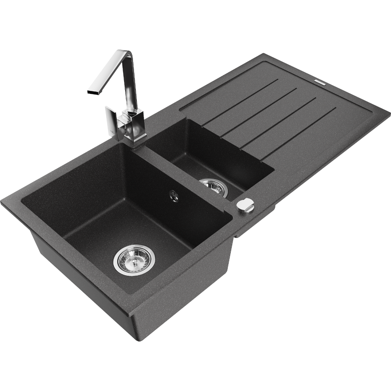 Mexen Andres granite sink 1.5-bowl with drainer and Rita kitchen tap, black speckled - 6515-76-670300-00