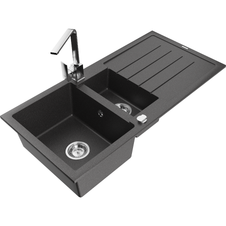 Mexen Andres granite sink 1.5-bowl with drainer and Rita kitchen tap, black speckled - 6515-76-670300-00