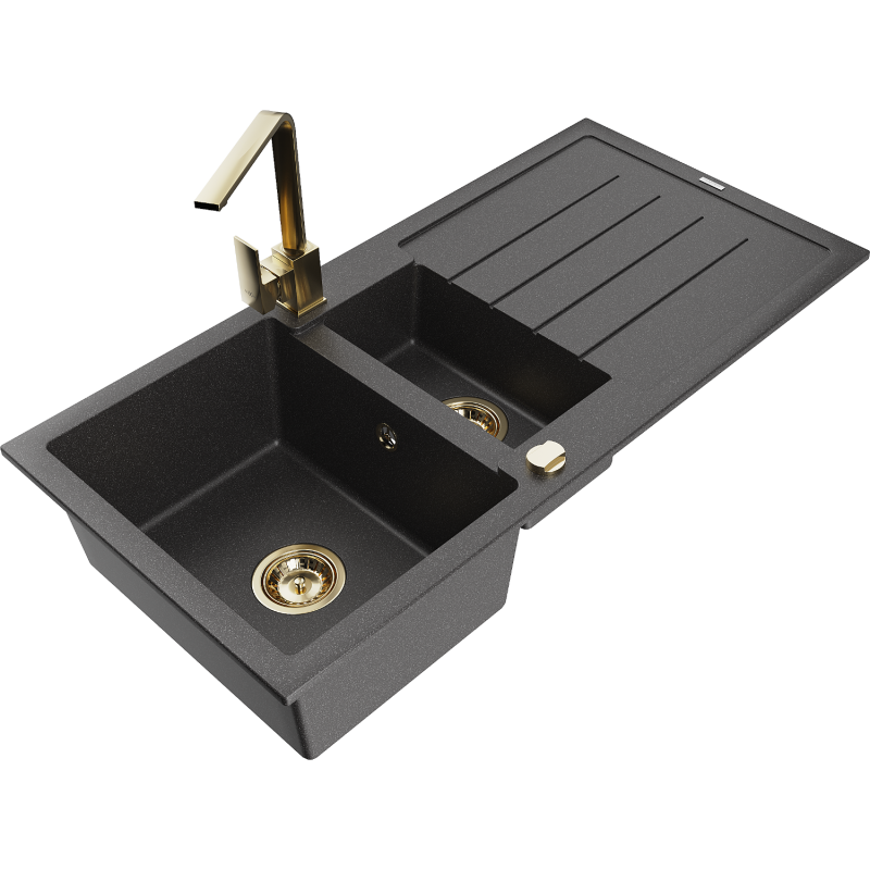 Mexen Andres fregadero de granito de 1,5 senos con escurridor y grifo de cocina Rita, negro moteado - 6515-76-670300-50