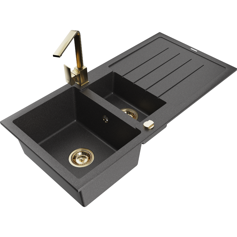 Mexen Andres Granitspüle 1,5-Becken mit Abtropffläche und Küchenarmatur Rita, schwarz gesprenkelt - 6515-76-670300-50