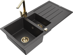 Mexen Andres granite sink 1.5-bowl with drainer and Rita kitchen tap, black speckled - 6515-76-670300-50