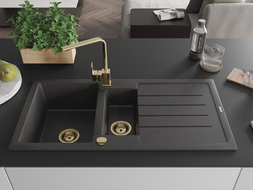 Mexen Andres 1.5-compartment granite sink with a drip tray and kitchen mixer tap Rita, spotted black - 6515-76-670300-50