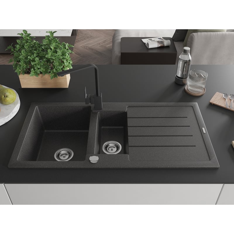 Mexen Andres granite kitchen sink 1.5-bowl with drainer and Rita kitchen faucet, black speckled - 6515-76-670300-70