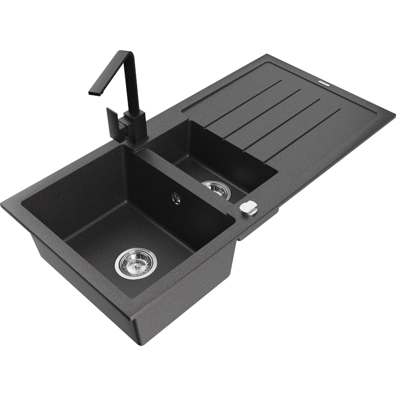 Mexen Andres granieten spoelbak 1,5-komorige met afdruiprek en keukenmengkraan Rita, zwart gespetterd - 6515-76-670300-70