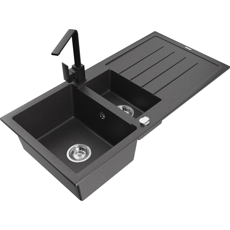 Mexen Andres granite sink 1.5-bowl with drainer and Rita kitchen tap, speckled black - 6515-76-670300-70