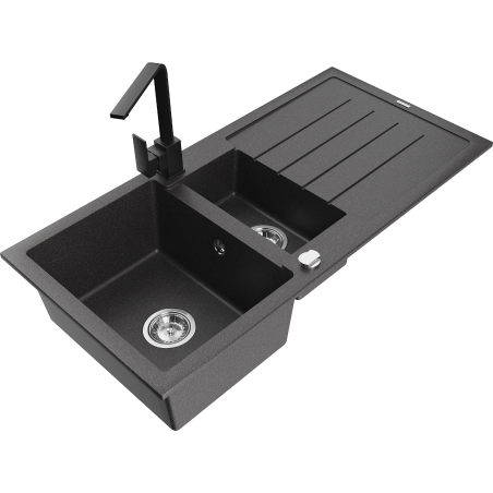 Mexen Andres granite kitchen sink 1.5-bowl with drainer and Rita kitchen faucet, black speckled - 6515-76-670300-70