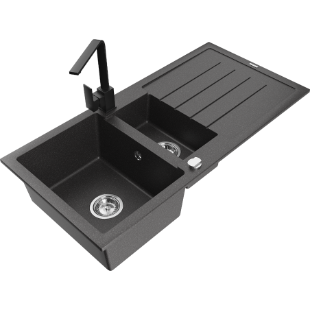 Mexen Andres granite sink 1.5-bowl with drainer and Rita kitchen tap, speckled black - 6515-76-670300-70