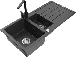 Mexen Andres granite sink 1.5-bowl with drainer and Rita kitchen tap, speckled black - 6515-76-670300-70