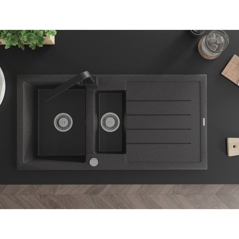 Mexen Andres granieten spoelbak 1,5-komorige met afdruiprek en keukenmengkraan Rita, zwart gespetterd - 6515-76-670300-70