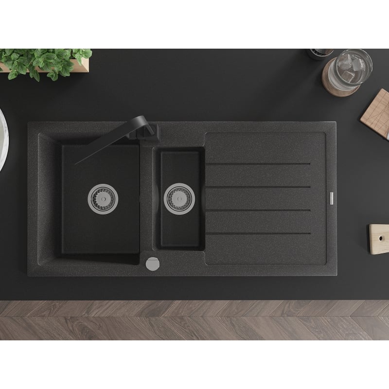 Mexen Andres granite kitchen sink 1.5-bowl with drainer and Rita kitchen faucet, black speckled - 6515-76-670300-70