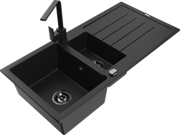 Mexen Andres granite sink with 1.5 bowls and drainer and Rita kitchen tap, speckled black - 6515-76-670300-70-B