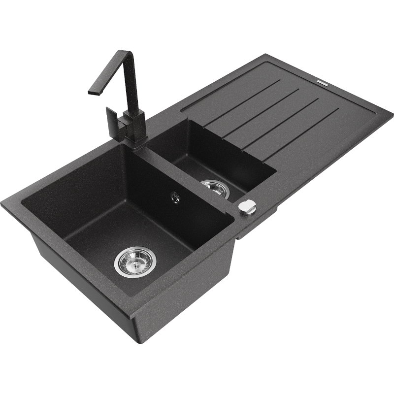 Mexen Andres granitdiskbänk 1,5-fack med avrinningsyta och kökskran Rita, svart med stänk - 6515-76-670300-76