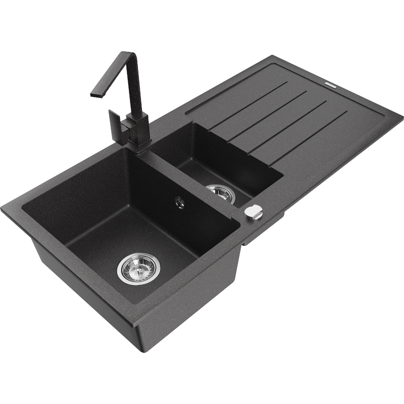 Mexen Andres granite sink 1.5-bowl with drainer and kitchen tap Rita, speckled black - 6515-76-670300-76