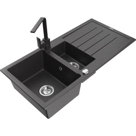 Mexen Andres granite sink 1.5-bowl with drainer and kitchen tap Rita, speckled black - 6515-76-670300-76
