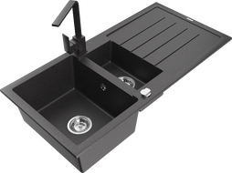 Mexen Andres granite sink 1.5-bowl with drainer and kitchen tap Rita, speckled black - 6515-76-670300-76