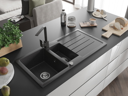 Mexen Andres granite sink 1.5-bowl with drainer and kitchen tap Rita, speckled black - 6515-76-670300-76