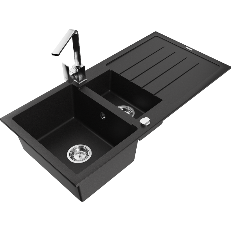 Mexen Andres granite sink 1.5-bowl with drainer and Rita kitchen tap, black - 6515-77-670300-00