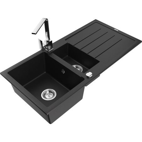 Mexen Andres granite sink 1.5-bowl with drainer and Rita kitchen tap, black - 6515-77-670300-00
