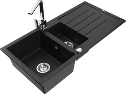 Mexen Andres granite sink 1.5-bowl with drainer and Rita kitchen tap, black - 6515-77-670300-00