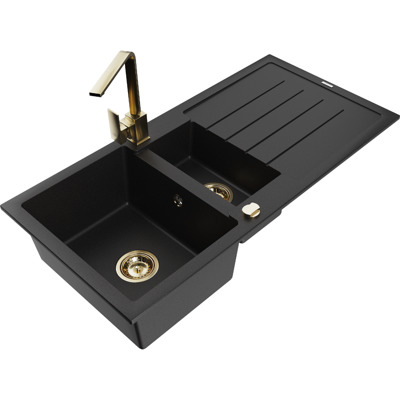 Mexen Andres lava-louça de granito de 1,5 compartimento com escorredor e torneira de cozinha Rita, preto - 6515-77-670300-50