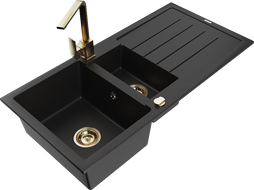 Mexen Andres lavello in granito 1,5 vasca con scolapiatti e rubinetto da cucina Rita, nero - 6515-77-670300-50